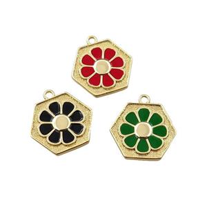 copper daisy pendant, hexagon, enameling, gold plated, mixed, approx 17mm