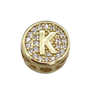copper beads pave zircon, letter, gold plated, approx 10mm