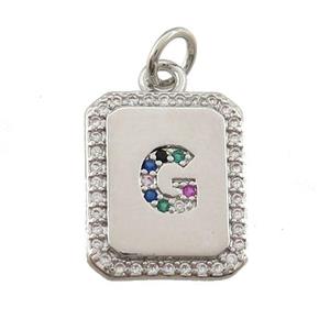 copper Letter-G pendant paved zircon, rectangle, platinum plated, approx 12-15mm