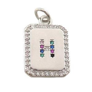 copper Letter-H pendant paved zircon, rectangle, platinum plated, approx 12-15mm