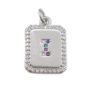 copper Letter-I pendant paved zircon, rectangle, platinum plated, approx 12-15mm