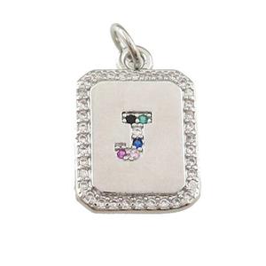 copper Letter-J pendant paved zircon, rectangle, platinum plated, approx 12-15mm