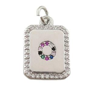 copper Letter-O pendant paved zircon, rectangle, platinum plated, approx 12-15mm