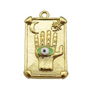 copper Tarot Card pendant with green enamel eye, hand, gold plated, approx 13-19mm
