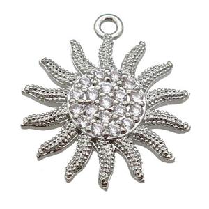 copper sunflower pendant paved zircon, platinum plated, approx 20mm