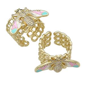 copper Ring paved zircon with enamel honeybee, gold plated, approx 15-28mm, 18mm dia