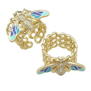 copper Ring paved zircon with enamel honeybee, gold plated, approx 15-28mm, 18mm dia