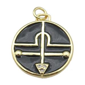 copper circle pendant with black enamel, gold plated, approx 17mm