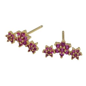 copper Stud Earring paved hotpink zircon, flower, gold plated, approx 6-13mm