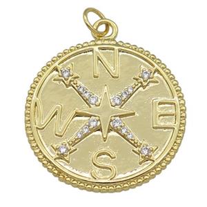 copper Compass pendant paved zircon, gold palted, approx 24mm dia