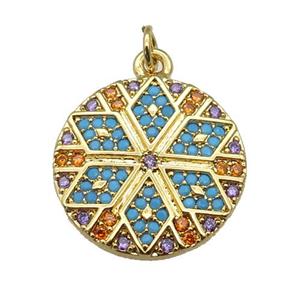 copper circle Star pendant paved zircon, gold plated, approx 20mm dia