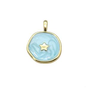 copper coin pendant with teal enamel, star, gold plated, approx 14mm