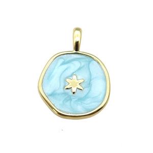 copper coin pendant with teal enamel, star, gold plated, approx 14mm