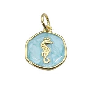 copper coin pendant with teal enamel, seahorse, gold plated, approx 14mm