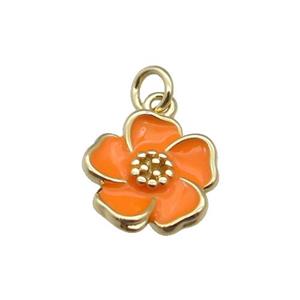 copper Flower pendant with orange enamel, gold plated, approx 13mm