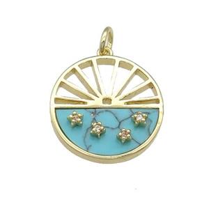 copper circle pendant pave Turquoise, gold plated, approx 18mm dia