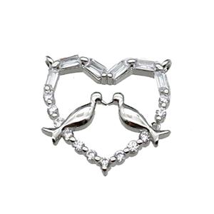copper Heart pendant pave zircon, couple birds, platinum plated, approx 17-18mm