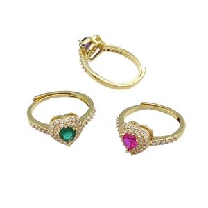 mix copper Heart Ring pave zircon adjustable gold plated, approx 10mm, 18mm dia