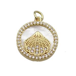 copper circle pendant pave zircon shell Fan gold plated, approx 16mm dia