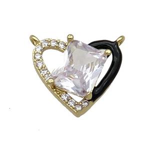 Copper Heart Pendant Pave Zircon Black Enamel Gold Plated, approx 15-17.5mm