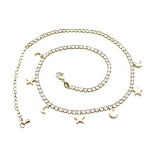 Copper Necklace Pave Zircon StarMoon Gold Plated, approx 3mm, 8mm, 38-46cm length