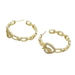 Copper Stud Earring Pave Zircon Heart Crown Gold Plated, approx 5mm, 12mm, 30mm dia