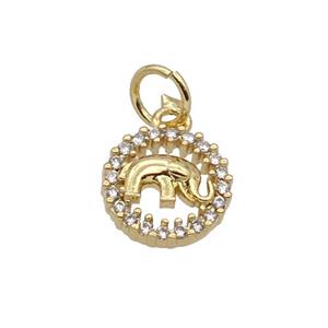 Copper Elephant Pendant Pave Zircon Circle Gold Plated, approx 9mm dia