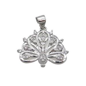 Copper Peacock Pendant Pave Zircon Platinum Plated, approx 16-20mm