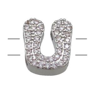 Copper Alphabet Beads Pave Zircon Letter-U 2holes Platinum Plated, approx 10-13mm