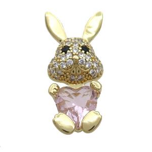 Copper Rabbit Pendant Pave Zircon Pink Crystal Gold Plated, approx 11-25mm