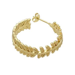 Copper Stud Earrings Leaf Gold Plated, approx 27mm