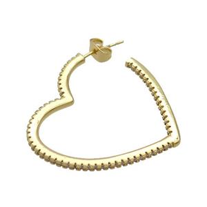 Copper Stud Earrings Pave Zircon Heart Gold Plated, approx 35mm