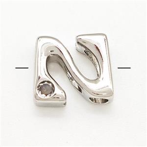 Copper Letter-N Beads Pave Zircon Platinum Plated, approx 6-12mm