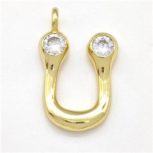 Copper Letter-U Pendant Pave Zircon Gold Plated, approx 15-18mm