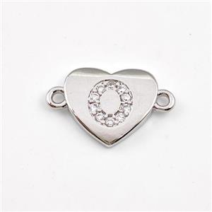 Copper Heart Connector Pave Zirconia Letter-O Platinum Plated, approx 12mm