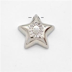 Copper Star Pendant Pave Zirconia Letter-O Large Hole Platinum Plated, approx 16mm, 3mm hole