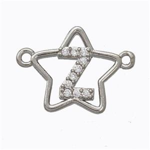 Copper Star Pendant Pave Zirconia Letter-Z Platinum Plated, approx 16mm