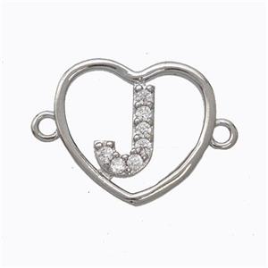 Copper Heart Connector Pave Zirconia Letter-J Platinum Plated, approx 15.5mm