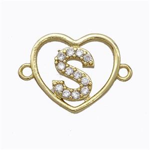 Copper Heart Connector Pave Zirconia Letter-S Gold Plated, approx 15.5mm