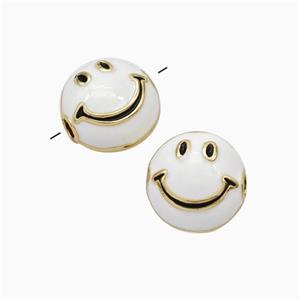Copper Emoji Beads White Enamel Smileface Gold Plated, approx 6-10mm
