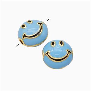 Copper Emoji Beads Blue Enamel Smileface Gold Plated, approx 6-10mm