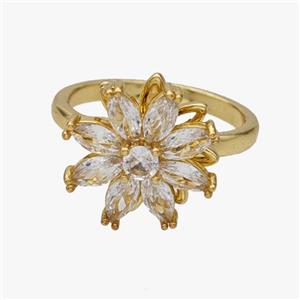 Copper Flower Rings Pave Zirconia Rotatable Adjustable Gold Plated, approx 16mm, 18mm dia