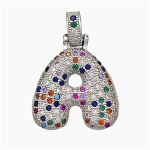 Copper Letter-A Pendant Micropave Multicolor Zirconia Platinum Plated, approx 15-20mm, 5-8mm