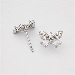 Copper Butterfly Stud Earrings Micropave Zirconia Platinum Plated, approx 8-11mm