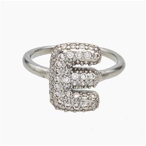 Copper Letter-E Rings Micropave Zirconia Platinum Plated, approx 9-14mm, 18mm dia