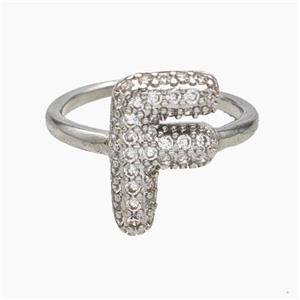 Copper Letter-F Rings Micropave Zirconia Platinum Plated, approx 9-14mm, 18mm dia