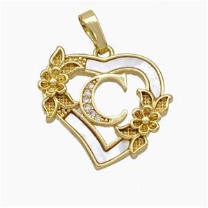 Copper Heart Pendant Pave Shell Zirconia Letter-C Flower 18K Gold Plated, approx 20mm