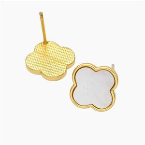 Copper Clover Stud Earrings Pave Shell 18K Gold Plated, approx 12mm