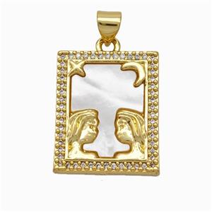 Copper Tarot Card Pendant Pave Shell Zirconia Zodiac Gemini 18K Gold Plated, approx 17-20mm