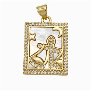 Copper Tarot Card Pendant Pave Shell Zirconia Zodiac Libra 18K Gold Plated, approx 17-20mm
